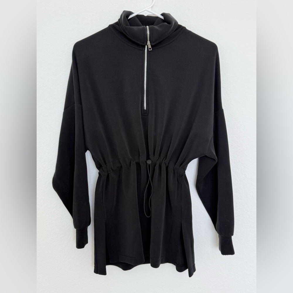 Black Drawstring Waist Zip-Front Long Sleeve Dress